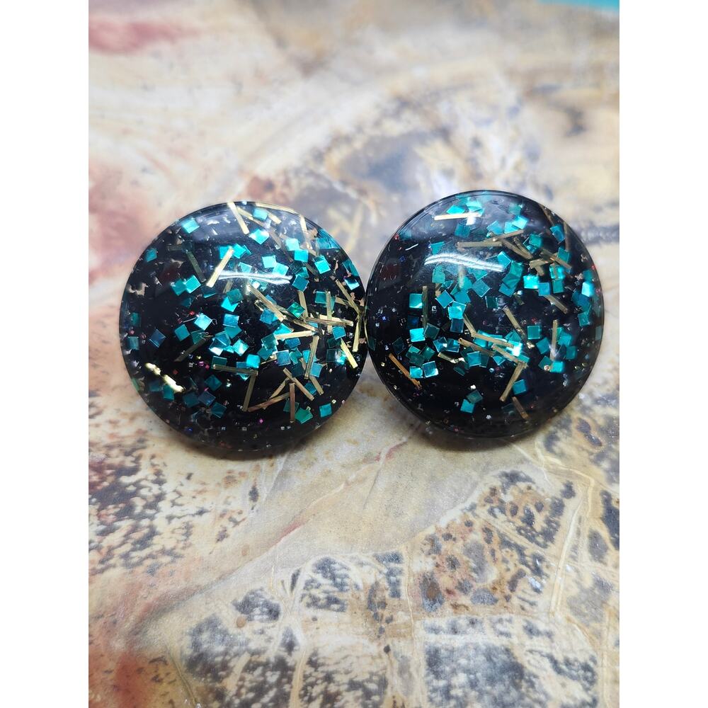Vintage Black teal gold Lucite Confetti Clip Earrings